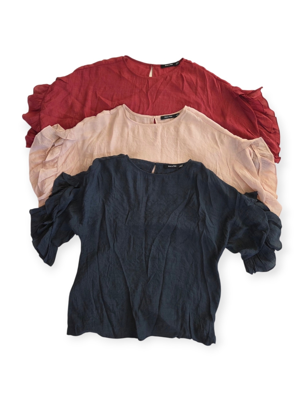 DOE & RAE Flutter Sleeve Blouses - Navy, Blush, Wine (NWOT)